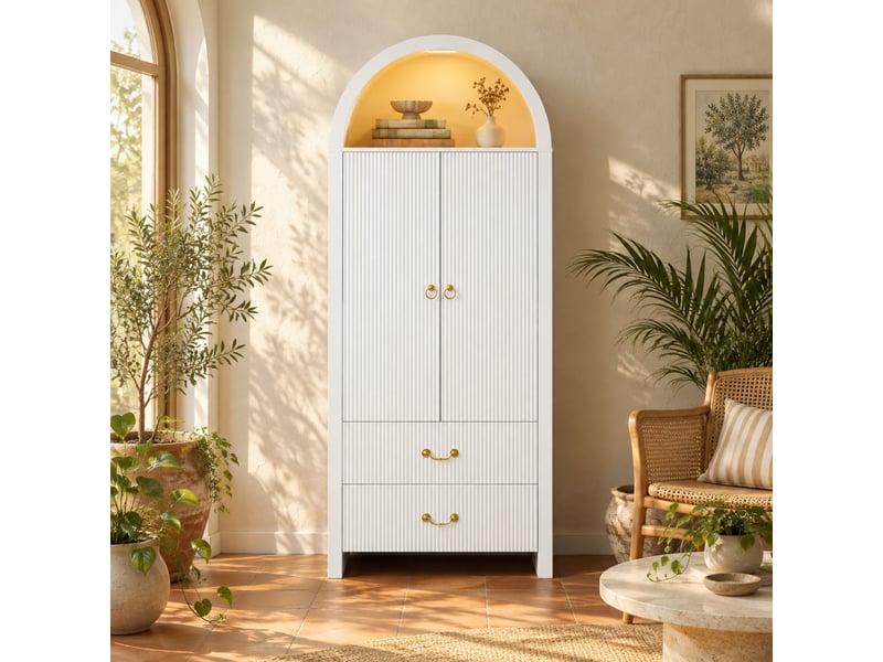  Buffet haut tcqpz blanc 76 x 38 x 180 cm led réglable par application 2 portes 2 tiroirs mdf et panneaux de particules  - Conforama D