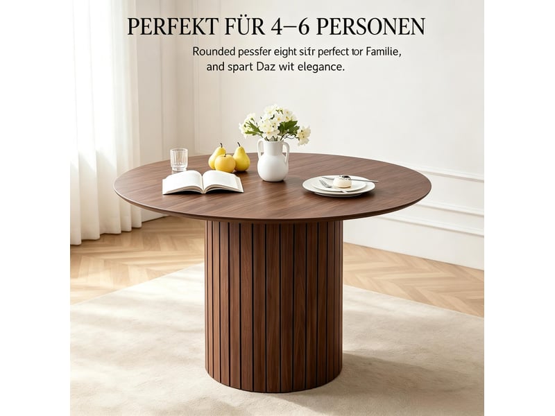  Table de salle à manger ronde pour 6 personnes avec pied cylindrique strié, en bois marron foncé, diamètre 120 cm  - Conforama C