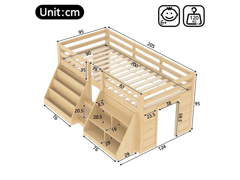  Lit mi hauteur 90 x 200 cm, lit superposé enfant multiples rangements, lit enfant avec barriere avec rangement, lit mezzanine  - Conforama C