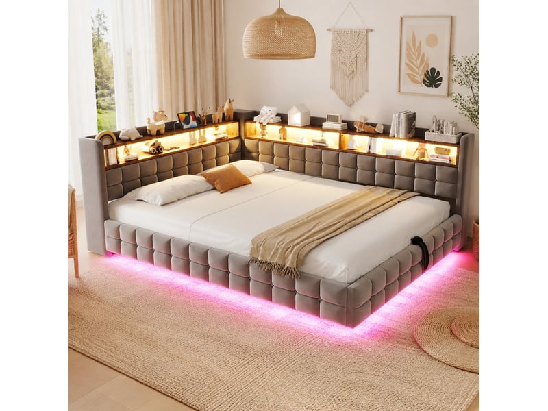  Lit banquette 140 × 200 cm 2 places avec coffre hydraulique, led, étagères, usb et type-c, sans matelas, gris clair  - Conforama B