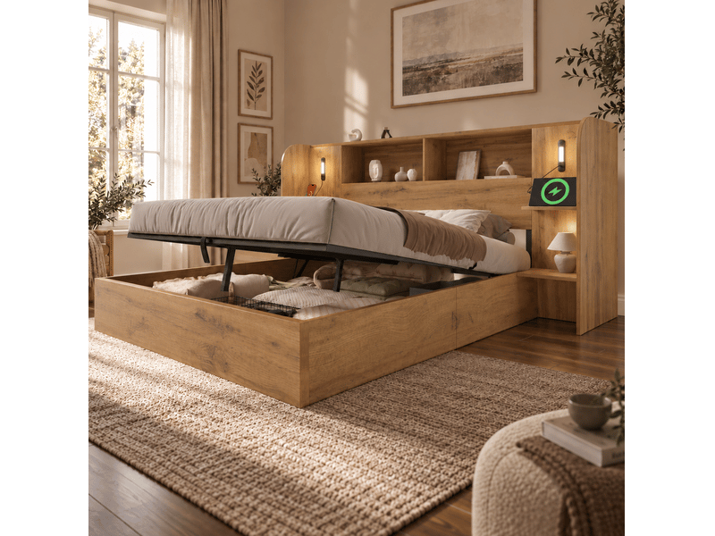  Lit coffre 2 places 160x200 cm avec led et usb coloris chêne  - Conforama B