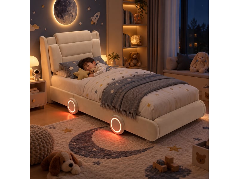  Lit enfant 90x200 cm, lit simple, tête de lit réglable, bois, velours couleur beige sans matelas, design automobile  - Conforama E