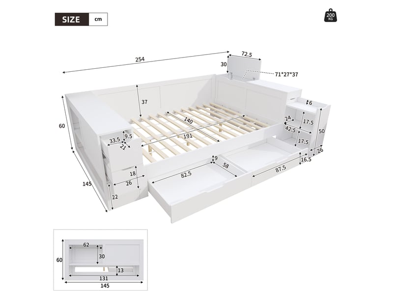  Lit adulte rangement 140x190 cm mdf blanc avec tiroirs et chevet coulissant homvra  - Conforama E