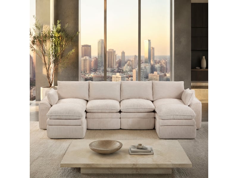  Canapé modulable 4 places en velours côtelé beige avec 2 poufs, coussins et poches latérales  - Conforama B