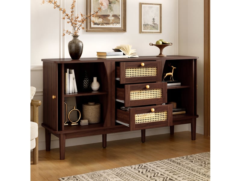  Buffet 2 portes coulissantes et 3 tiroirs 141x40x77 cm finition noyer  - Conforama B