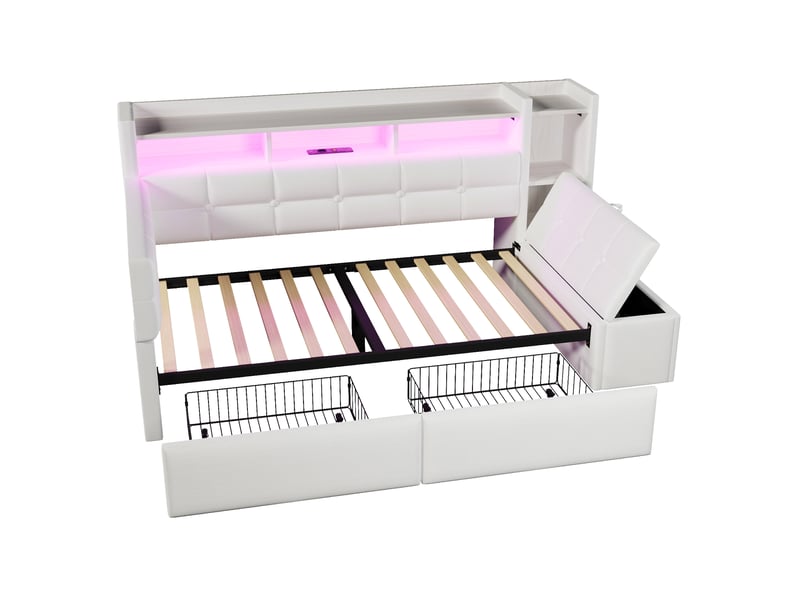 Lit 90x190 cm led, lit simple avec 2 tiroirs et usb type-c, velours blanc, sans matelas  - Conforama D