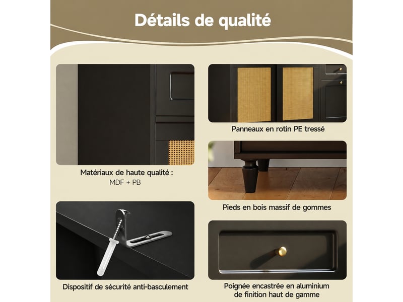  Meuble de cuisine muvano, vaisselier avec porte vitrée, noir, 3 tiroirs et led, largeur 120 cm  - Conforama R
