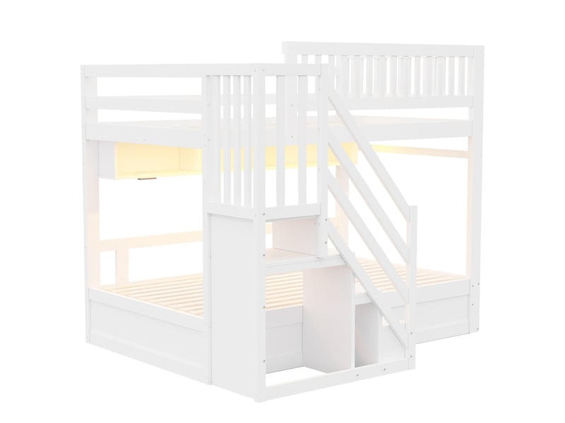  Lit superposé en bois massif, 140 × 200 cm, escalier avec rangement, mécanisme hydraulique, étagère et éclairage led, blanc  - Conforama E