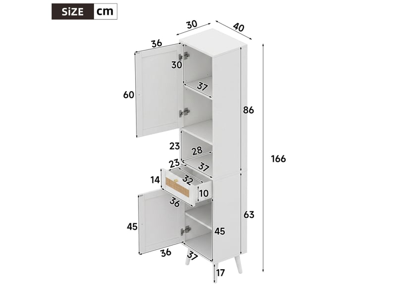  Armoire de salle de bains haute blanche en mdf, portes réversibles, tiroir et rangement vertical pratique  - Conforama C