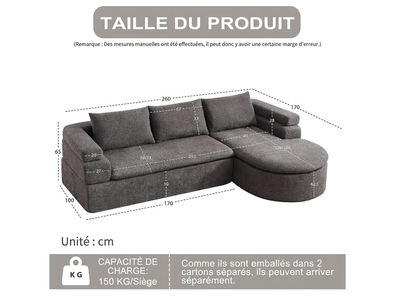  Canapé d'angle en l avec méridienne anthracite, chenille 3 places, accoudoir à niveaux  - Conforama C