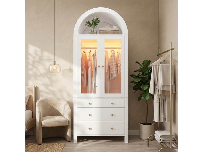  Armoire 80x50x200 cm cintrée avec led, portes vitrées et 3 tiroirs blanche  - Conforama D