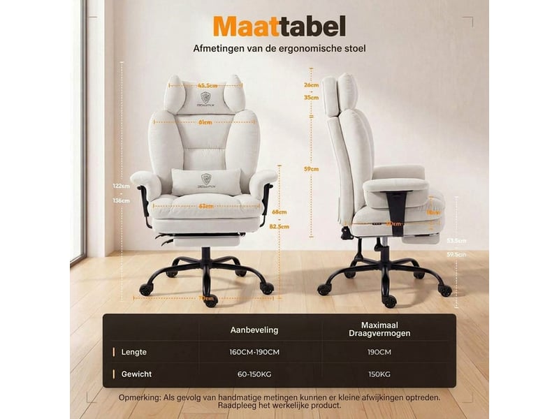  Dowinx fauteuil de bureau ergonomique gaming avec repose-pieds, dossier réglable, tissu respirant et velours, pour adulte, blanc  - Conforama E
