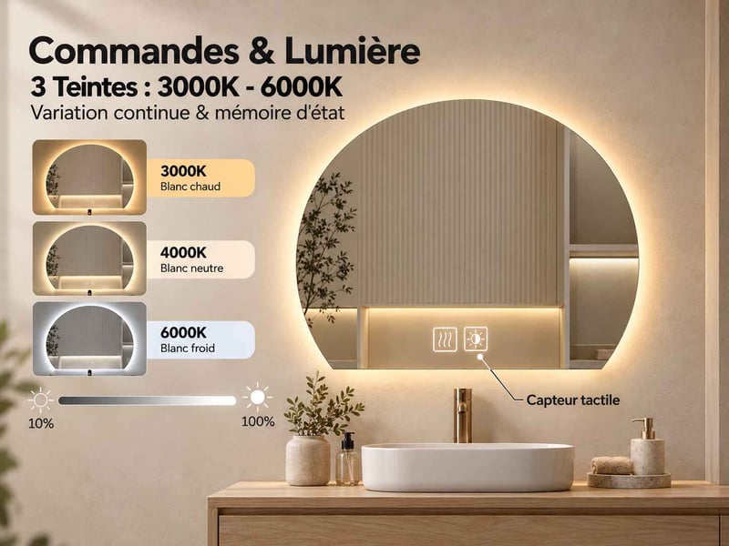  Miroir salle de bain led forme arche 60 × 53 cm, éclairage 3 couleurs à intensité variable et fonction antibuée tactile  - Conforama D