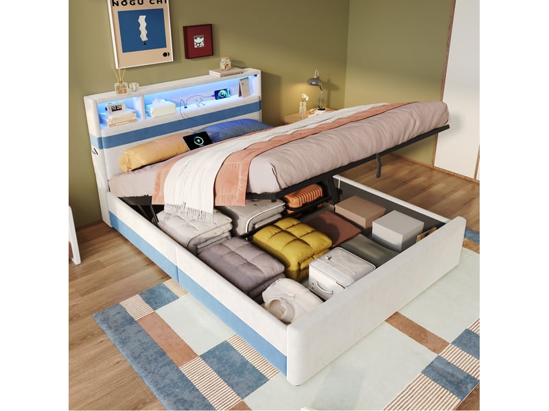  Lit coffre 140x200 cm, lit double en velours blanc et bleu avec led et ports usb, sans matelas  - Conforama B