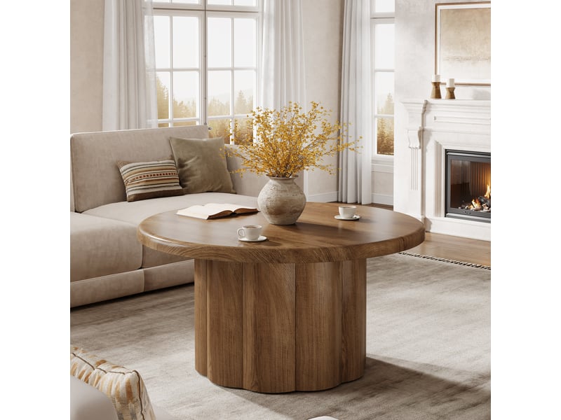 Table Basse Ronde Tribesigns 80 Cm – 2 Niveaux Avec étagère – Pieds En Bois Massif – Facile à Monter – Idéale Petit Salon – Finition Chêne