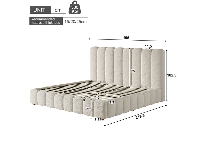  Lit coffre hydraulique 180x200 cm en tissu bouclé blanc avec sommier à lattes  - Conforama C