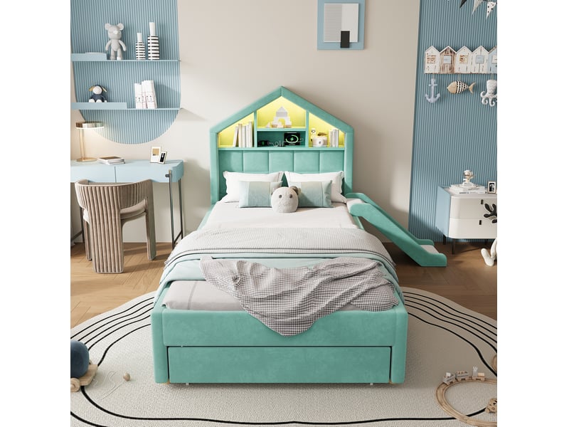  Lit cabane enfant 90x200 cm avec toboggan réversible, led, port de charge, rangement, velours bleu-vert sans matelas  - Conforama E