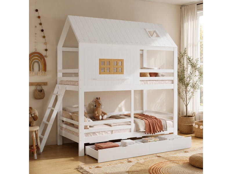  Lit superposé enfant 90x200 cm – blanc et naturel – toit, fenêtres, échelle et 2 tiroirs - sans matelas  - Conforama B
