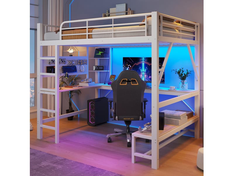  Lit mezzanine 160x200 cm avec bureau led usb type-c, panneaux perforés rangements, métal mdf blanc sans matelas  - Conforama D