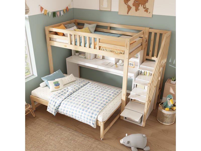  Lit mezzanine enfant 90 × 200 et 90 × 190 cm avec bureau, étagères et lit gigogne, sans matelas, blanc et chêne  - Conforama C