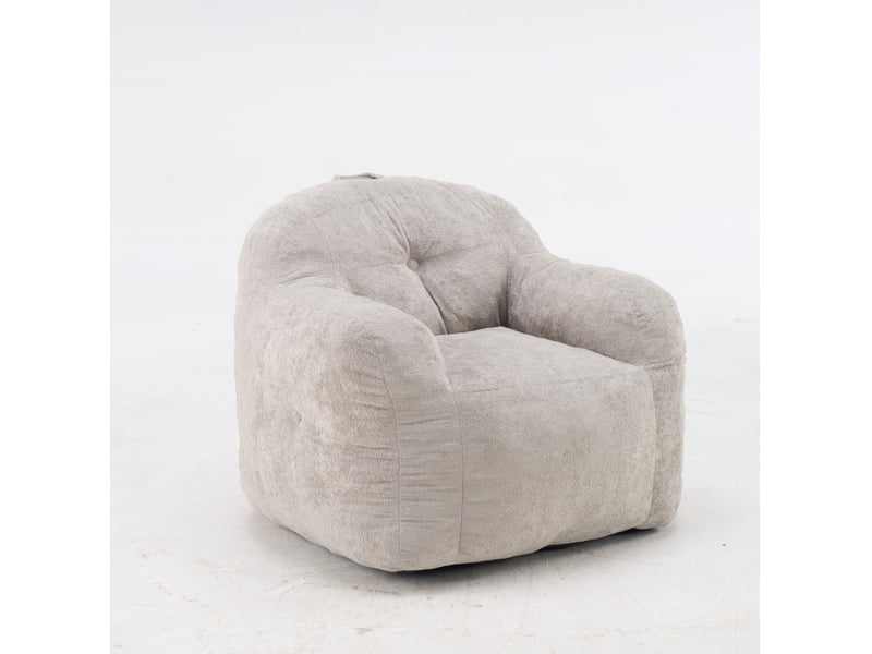  Fauteuil pouf avec accoudoirs et dossier enveloppant, garnissage en mousse déchiquetée, fausse fourrure gris clair  - Conforama A