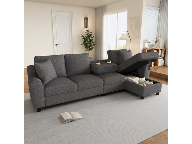 Canapé d'angle en chenille, canapé 3 places gris avec méridienne coffre, dossier rabattable et porte-gobelets pour salon, 280x136x82cm  - Conforama B
