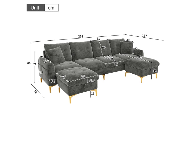 Canapé panoramique en u modulable 4 places avec 2 poufs coffre et poche latérale en chenille gris - Conforama D