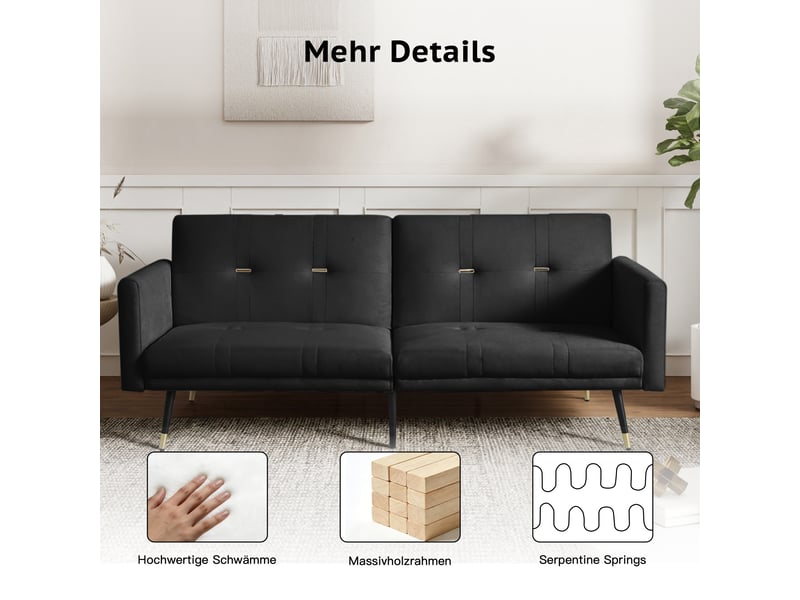 Canapé convertible 2 places noir en velours, canapé-lit réglable 5 positions avec pieds de 20cm, structure stable 180kg - Conforama E