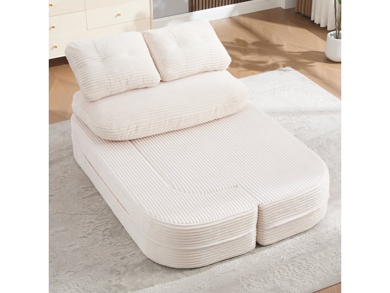  Canapé convertible 2 places – canapé-lit en velours côtelé, assise profonde, dossier haut, porte-gobelets intégrés, coussins inclus, mousse haute résilience, beige  - Conforama E