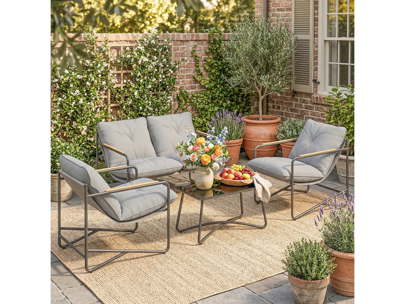 Salon de jardin 4 pcs avec canapé 2 pl. 2 fauteuils et table basse, coussins, gris clair - Conforama C