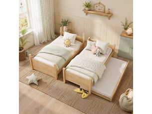 Lit superposé bois 90x200 cm, convertible en lit simple, sommier extensible à lattes, barrière sécurité, échelle, bois naturel