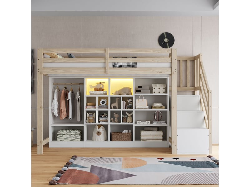  Lit mezzanine 90x200cm avec armoire et étagères - lit simple - bois et blanc, échelle rangement, éclairage led  - Conforama B