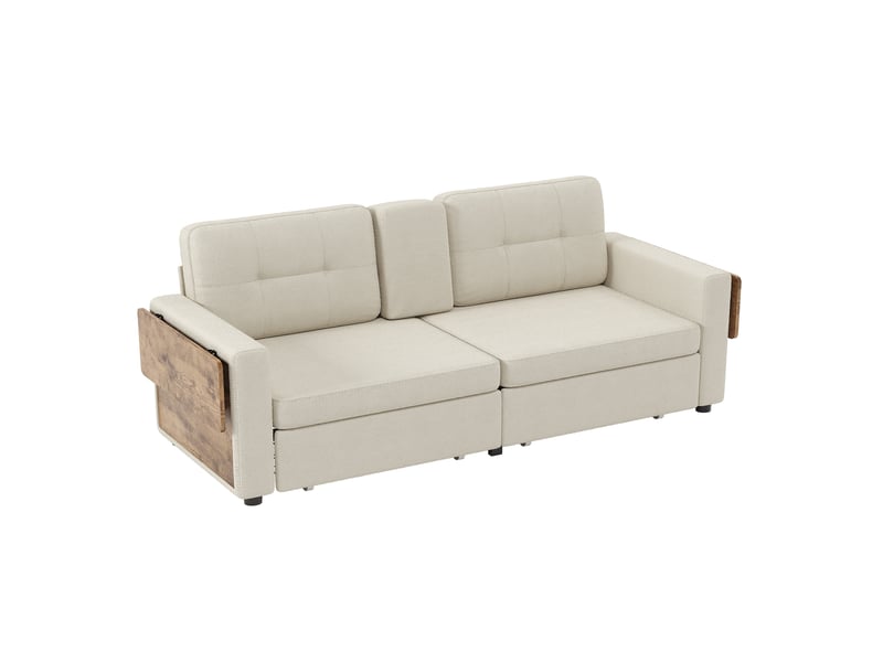  Canapé 2 places en chenille avec rangement intégré, table d’appoint réglable et porte-gobelets - beige  - Conforama A