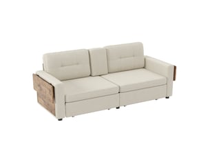 Canapé 2 places en chenille avec rangement intégré, table d’appoint réglable et porte-gobelets - beige