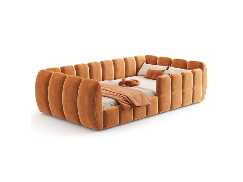 Lit enfant 90x200 cm au sol rembourré velours orange coins arrondis sans matelas