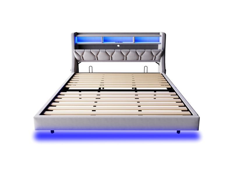  Lit plateforme 180x200 velours gris clair, tête réversible avec prises et rangements led, design suspendu, pieds élargis  - Conforama D