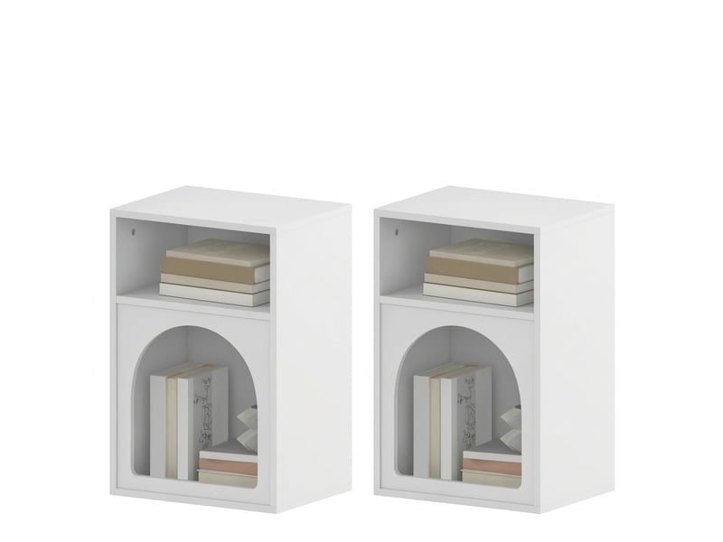  Lot de 2 tables de chevet blanches avec compartiments ouverts, design arrondi en mdf, 40x30x60 cm  - Conforama A