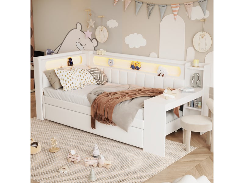  Lit gigogne rembourré 90x200cm coloris blanc mdf led lit enfant blanc - Conforama E