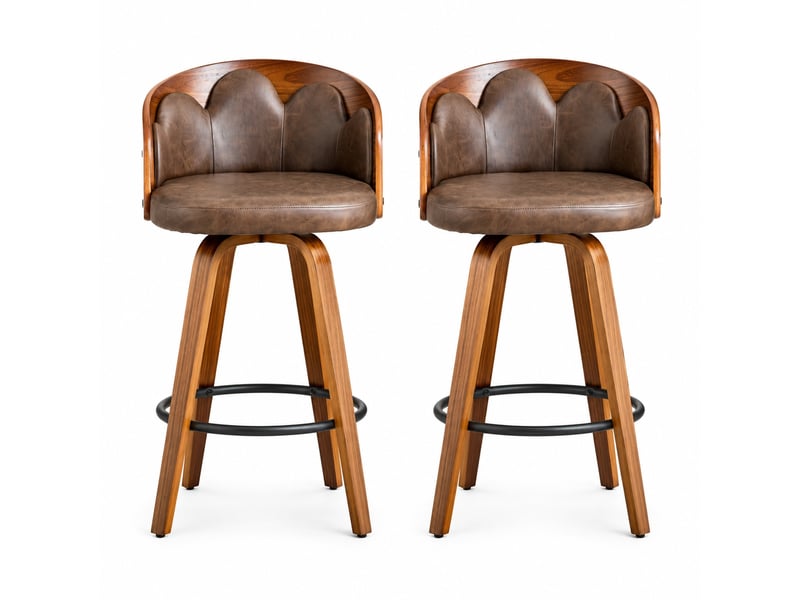  Lot de 2 tabourets de bar, tabouret de bar dossier fleur, bois courbé, assise pu, moderne, repose-pieds métal, marron  - Conforama A