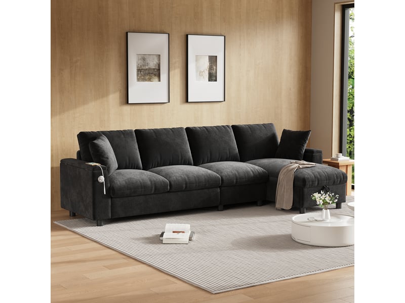 Canapé d'angle, canapé chenille – port usb, avec accoudoirs, en tissu chenille, gris, porte-gobelets - Conforama R