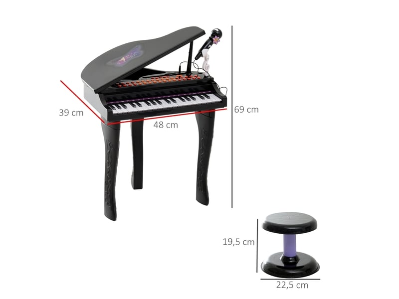  Piano électronique enfant 37 touches 48x39x69 cm – noir – tabouret, microphone, led et enregistrement  - Conforama C
