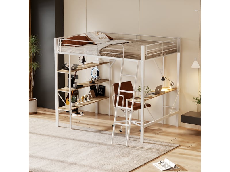  Lit mezzanine 90x200 cm avec bureau et trois tablettes, coloris blanc et naturel  - Conforama D