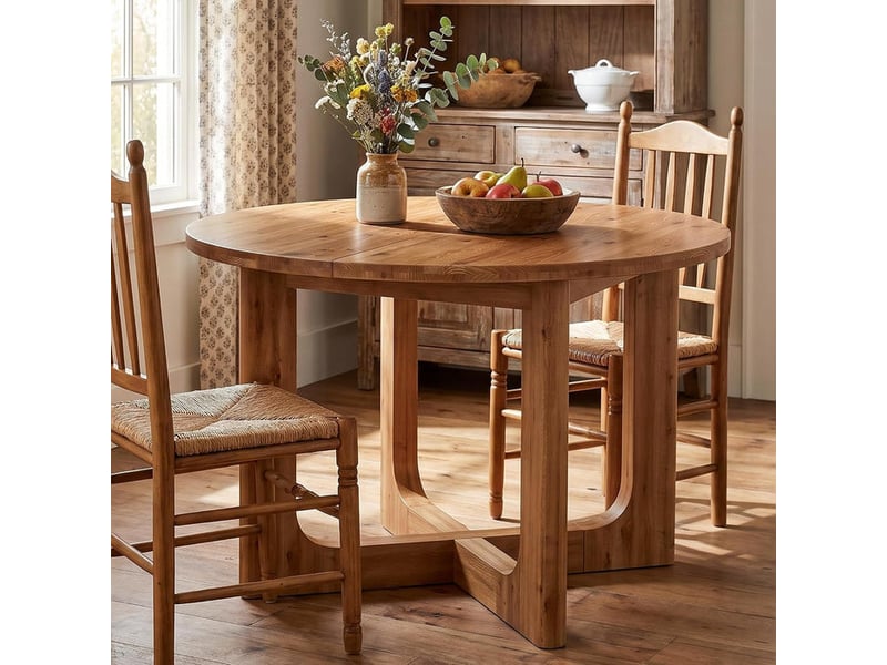  Table de salle à manger ronde en bois massif 100 cm brun rustique, pieds en x, 2 à 4 couverts, gain de place, montage facile, style champêtre  - Conforama B