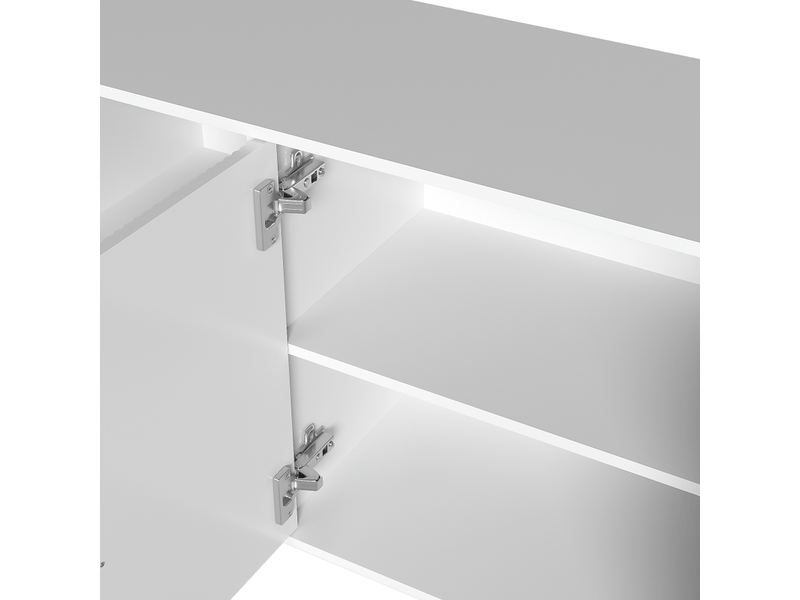  Buffet cuisine blanc, avec 4 portes brillantes, étagères réglables et poignées dorées, 150 x 40 x 82 cm, armoire pour salon  - Conforama E