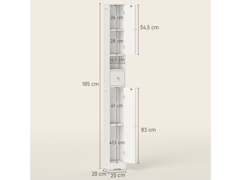  Meuble colonne salle de bain, meuble de rangement, 2 portes, tiroir, compartiment ouvert, blanc, étagère réglable  - Conforama C