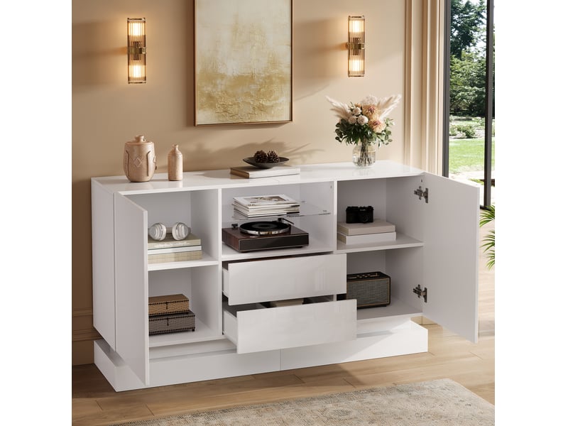  Buffet 140x40x80 cm blanc avec led, 2 portes et 2 tiroirs  - Conforama D