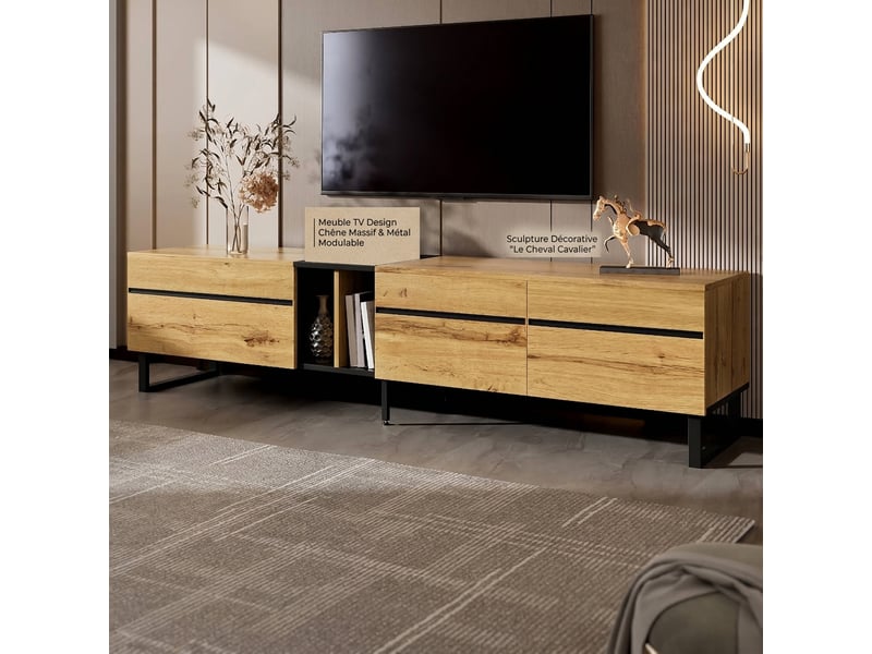 Meuble tv bois 180 cm avec rangements et portes rabattables, design minimaliste  - Conforama E