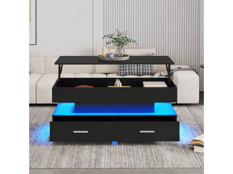  Table basse relevable hydraulique noire 100 x 50 x 44 cm, led bluetooth, 2 tiroirs  - Conforama D