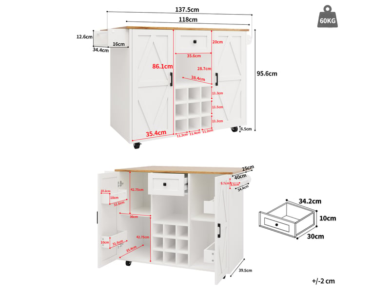  Desserte roulante,chariot de cuisine avec 2 portes,1 tiroir,1 niche,casier à vin,étagères à snack,plateau pliable,porte-serviettes et étagère latérale,blanc desserte blanc - Conforama C