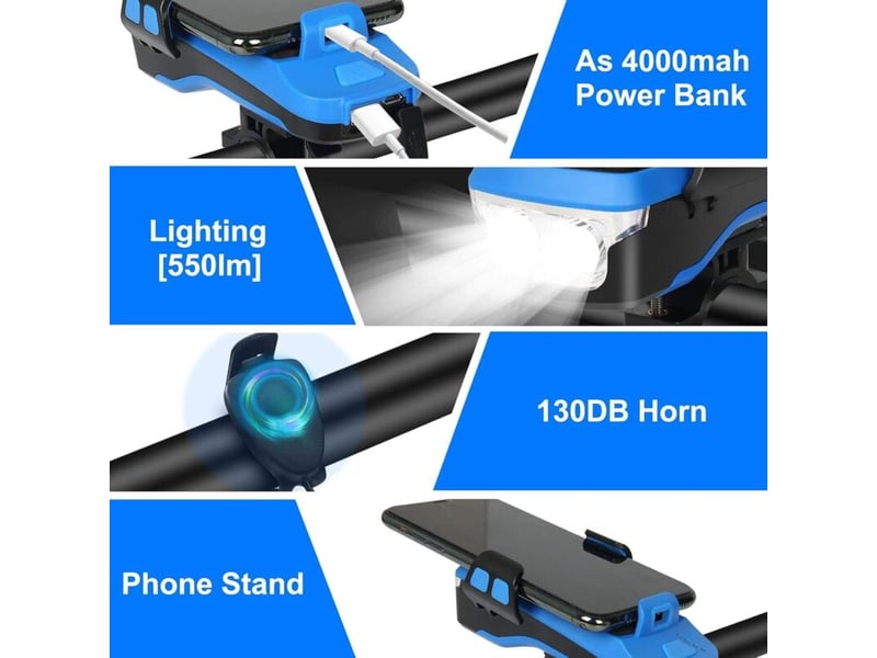  Lampe vélo usb rechargeable 550 lumen led avec alarme et support téléphone, pour vtt vélo route scooter -a  - Conforama C